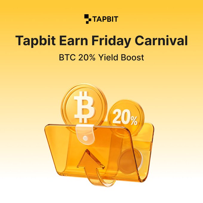 A promotional graphic for "Tapbit" announcing "Tapbit Earn Friday Carnival" with a "BTC 20% Yield Boost" featuring 3D-rendered Bitcoin coins and a wallet.