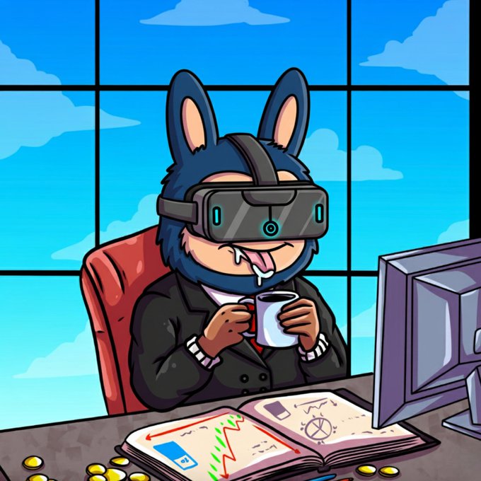 The image shows a cartoon character wearing a VR headset and business suit, with drool dripping from its mouth while holding a coffee mug, seated at a desk with a computer monitor, coins, and an open notebook displaying charts and graphs. The accompanying post about "INK Strategic Reserve" fits the image's theme of someone intensely focused and engaged—possibly "drooling" in anticipation—over an NFT investment opportunity, with the charts symbolizing market analysis and the coins representing the wallet drop mentioned in the tweet.
