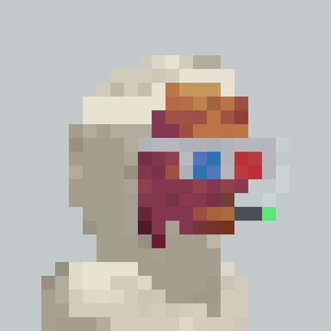 A pixel art illustration depicts a beige-skinned character with orange hair wearing a transparent red helmet that resembles a futuristic visor or VR headset, set against a light blue background.