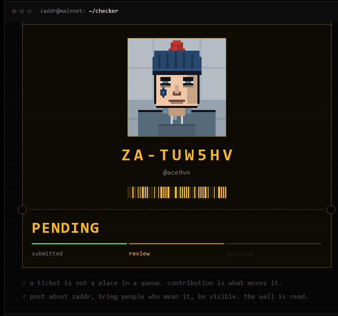 A digital ticket or profile card with a pixel-art avatar of a man in a blue and red hat, displaying the ID 'ZA-TUW5HV' and username '@ace9vn' in a 'PENDING' status with 'review' highlighted.
