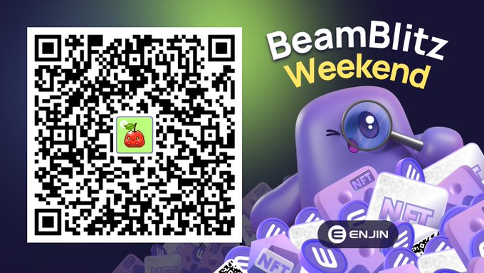 A promotional graphic for "BeamBlitz Weekend" features a QR code with an Apple Blob icon in the center alongside a purple blob character holding a magnifying glass over a pile of NFT cubes. The Enjin logo and hashtag appear alongside a call to scan the Beam QR or visit enj.in/3YvVt to claim the newly released Apple Blob NFT.