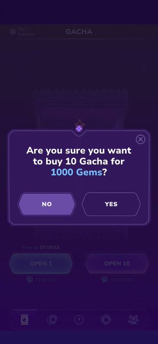 A mobile game screen shows a pop-up confirmation asking 'Are you sure you want to buy 10 Gacha for 1000 Gems?' with 'NO' and 'YES' buttons.