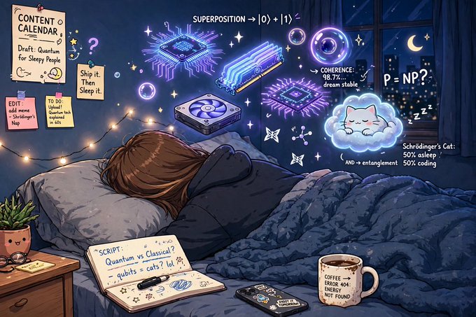 An illustrated scene of a woman sleeping in bed with neon purple quantum computing and physics elements floating above her, including 'SUPERPOSITION', 'Schrödinger's Cat', and a notebook labeled 'Quantum vs Classical?'.