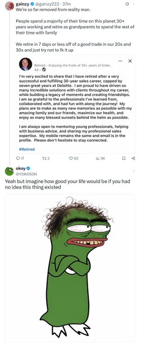 The image is a social media post with comments discussing retirement at age 30, including a LinkedIn-style testimonial about retiring after a "30+ years of Enter... career," followed by a reply comparing the concept to the "Okoy" Smug Pepe meme expressing excitement about having no idea what one would do if retired this young, which humorously matches the post's reference to "smolting prosper" (small-town prosperity).