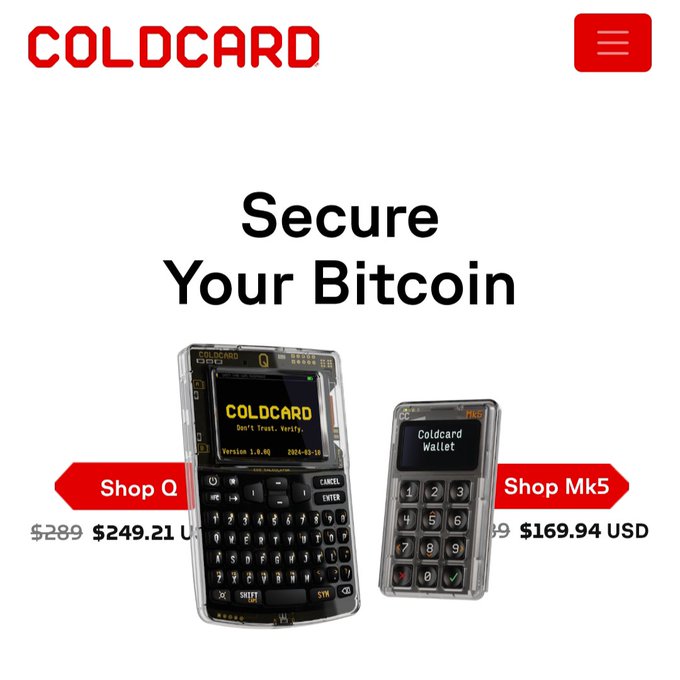 Website homepage of Coldcard, a hardware Bitcoin wallet company, displaying their slogan 'Secure Your Bitcoin' alongside two product images: the 'Shop Q' model priced at $249.21 USD (originally $289) and the 'Shop Mk5' model at $169.94 USD.