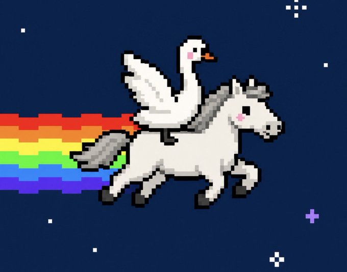 A pixel art illustration of a white duck riding a white unicorn that is shooting a rainbow trail, set against a starry night sky background.