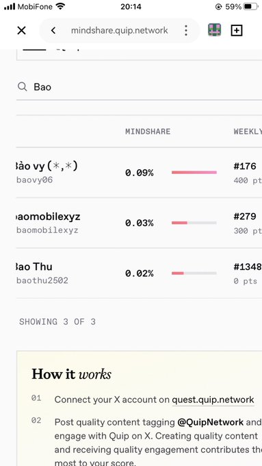 Mobile browser screenshot of mindshare.quip.network displaying a leaderboard for users with 'Bao' in their names, showing mindshare percentages and weekly rankings.