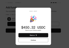 A mobile app screenshot showing a "VOICE DROP" confirmation modal for sending $450.32 USDC, with options to "Share on X" and "Continue".