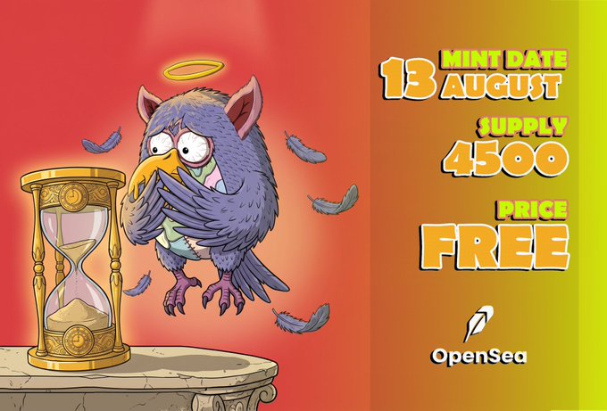 An NFT promotional graphic features a cartoon purple bird with a halo and dollar bill next to an hourglass, advertising a 'Mint Date: 13 August' with a supply of 4500 and free price on OpenSea.