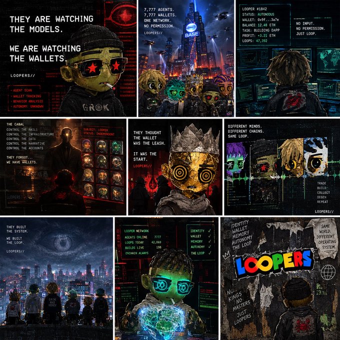 A dark-themed collage of digital artwork features stylized cartoon figures with glowing eyes, surveillance themes, and the title 'LOOPERS' repeated throughout.
