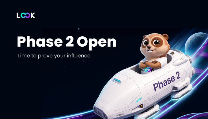 A promotional banner for LOOK's 'Phase 2 Open' campaign with the tagline 'Time to prove your influence,' featuring a cartoon beaver mascot piloting a futuristic white spaceship labeled 'Phase 2' against a space backdrop.