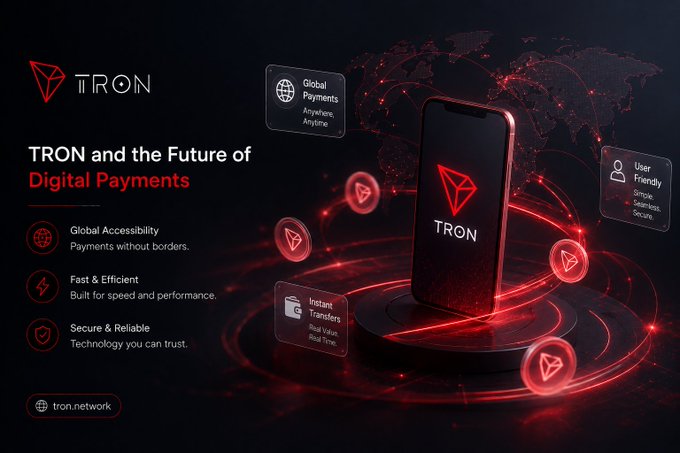 A TRON blockchain promotional graphic titled 'TRON and the Future of Digital Payments' highlighting features like Global Accessibility, Fast & Efficient, and Secure & Reliable, with the URL tron.network and a smartphone displaying the TRON logo.