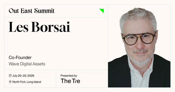 A speaker profile card for 'Les Borsai', Co-Founder of Wave Digital Assets, presenting at the Out East Summit on July 20-22, 2026 in North Fork, Long Island, presented by The Tie.