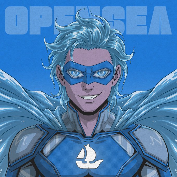Comic-style illustration of a superhero character with blue hair and a blue mask, wearing a winged costume with a sailboat logo on the chest, with 'OPENSEA' in the background.