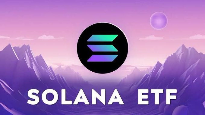 The image features a stylized Solana (SOL) logo prominently displayed in the center against a purple gradient background with mountain silhouettes and a glowing sun, with "SOLANA ETF" text beneath it—reinforcing the post's message about institutional inflows into Solana ETFs.