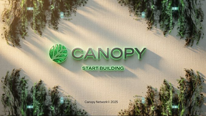 A logo screen displaying "CANOPY" with the tagline "START BUILDING" and copyright text "Canopy Network© 2025" against a background of plants and shadows.