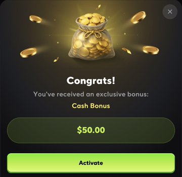 A "Congrats!" pop-up notification displays a money bag overflowing with gold coins, announcing an exclusive $50.00 "Cash Bonus" with an "Activate" button, which corresponds to the post's mention of receiving a $50 starter bonus from the crypto casino and sportsbook.