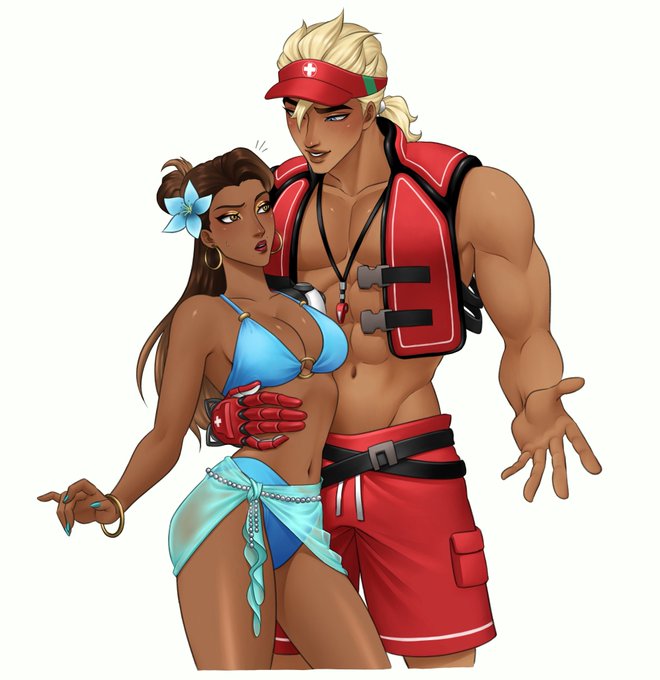 An animated illustration depicts a muscular male lifeguard in a red visor and life vest with a Swiss cross emblem, standing behind a woman in a blue bikini with a flower in her hair and a lifeguard glove. They are posed together in beachwear against a white background.