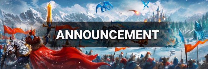 A dramatic fantasy battle scene featuring a warrior with a red cape and sword leading an army, castles, and dragons in the background, with the word "ANNOUNCEMENT" overlaid. The image ties to the caption by depicting the Frost Kingdom in action, visually representing the on-chain delivery of RDIA tokens to Genesis Box backers as scheduled.