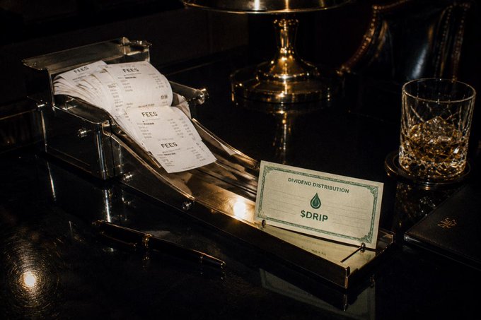 A dark bar setting displays a metal holder with printed receipts labeled "FEES," a crystal glass of whiskey, and a card reading "DIVIDEND DISTRIBUTION SDRIP" with a green droplet logo, visually reinforcing the post's message about how the $DRIP meme coin aligns with Robinhood Crypto's tokenized financial asset platform by turning chain activity into shareholder-style dividend exposure.