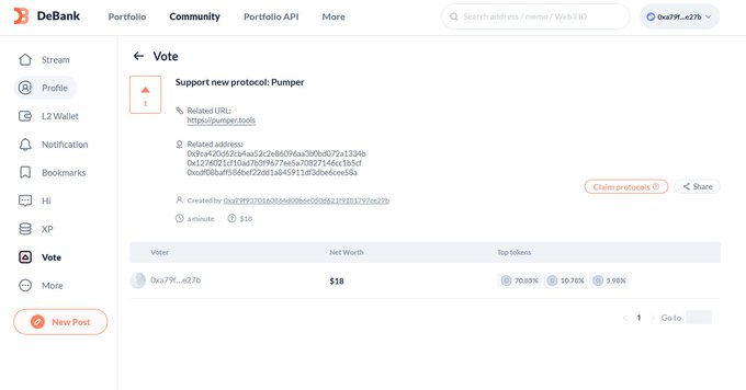 A screenshot of the DeBank interface showing a 'Vote' page to 'Support new protocol: Pumper' at http://pumper.taxle, with related contract addresses and a voter list showing net worth of $18.