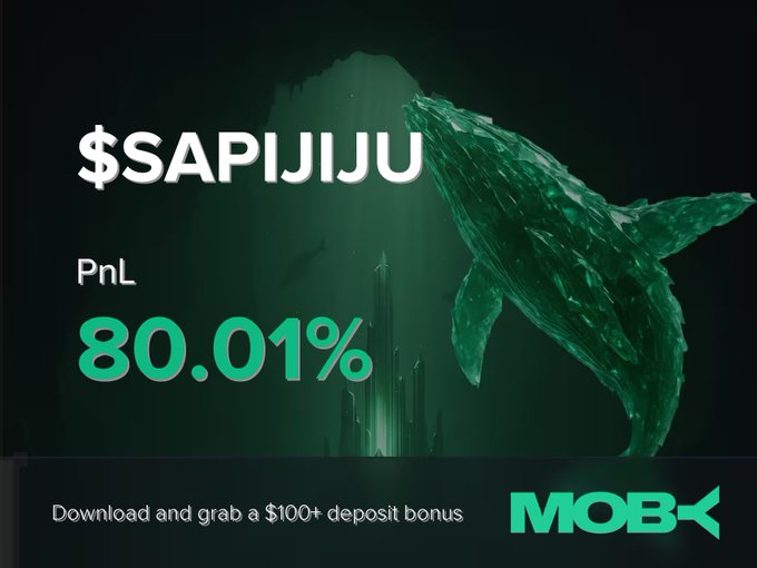 A promotional graphic featuring a glowing green whale silhouette alongside text displaying the ticker "$SAPIJIJU" and a PnL of "80.01%", with a footer offering a "$100+ deposit bonus" and the Moby logo, visually celebrating the trader's profitable win alert.