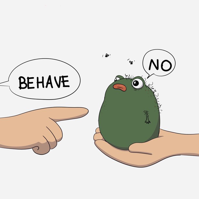The image shows a cartoon scene where a hand points and says "BEHAVE" toward a small, wide-eyed green frog-like creature being held in another hand, with the creature shouting "NO" and buzzing with flies around it. The illustration humorously matches the post's playful sentiment about $PISTACIO, with the rebellious creature refusing to "behave" just as the author jokingly refuses to send the token back.