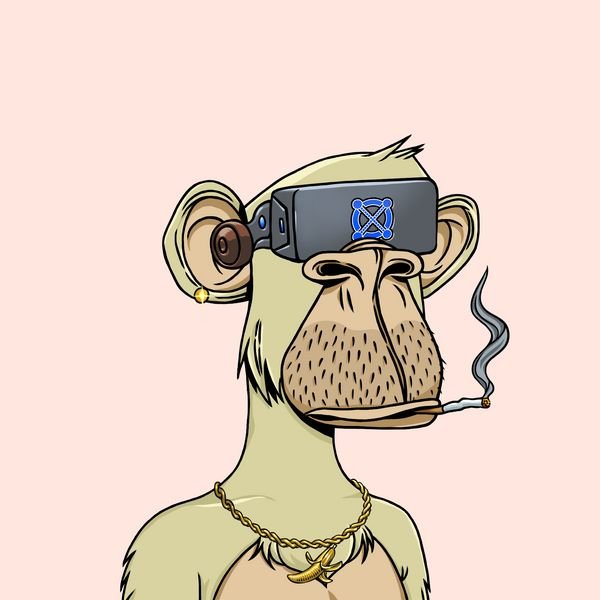 A digital illustration of a Bored Ape-style monkey with beige fur, a gold chain necklace, and a gold earring, wearing a black VR headset displaying a blue 'X' logo and smoking a cigarette.