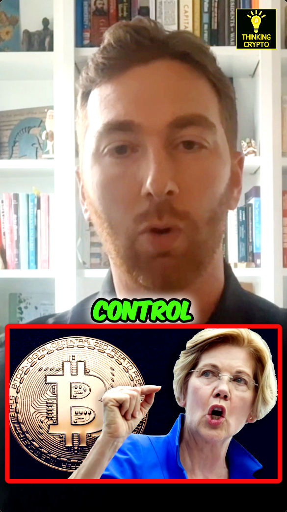 In this video thumbnail, Cody Carbone is shown with "CONTROL" overlaid on his image, alongside a Bitcoin symbol and Senator Elizabeth Warren, suggesting a discussion about government control over cryptocurrency. The "THINKING CRYPTO" logo is also visible in the top right corner.