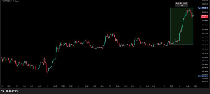 A TradingView candlestick chart for "$PUMP/USDC" shows a sharp upward price rally, highlighted by a green-shaded box labeled "% change (24:08:11)" corresponding to the post's claim of a 25% surge following Ansem's endorsement and investment thesis.