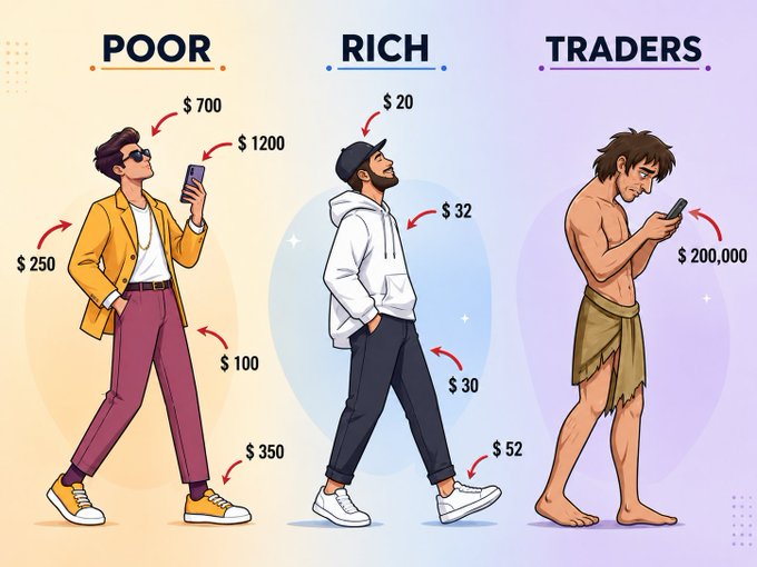 A cartoon illustration comparing three figures—labeled "POOR" (in a yellow jacket, with small dollar amounts like $250, $700, $1,200, $100, $350 floating around), "RICH" (in a white hoodie and cap, with smaller amounts like $20, $32, $30, $52), and "TRADERS" (depicted shirtless in tattered cloth, barefoot, but staring at a phone showing $200,000)—humorously illustrates the post's point that traders may look like they need saving on the outside, but their trading accounts hold amounts others couldn't earn in a lifetime, proving appearances don't tell the whole story.