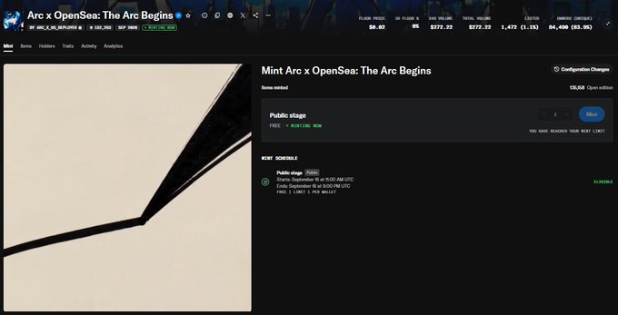Screenshot of an OpenSea NFT minting page for 'Arc x OpenSea: The Arc Begins' showing the NFT schedule and pricing details.
