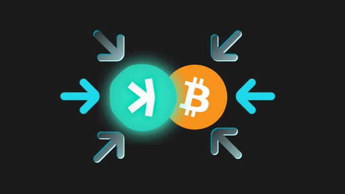 A graphic illustration showing a teal Kaspa (KAS) coin and an orange Bitcoin (BTC) coin surrounded by arrows pointing inward on a black background.