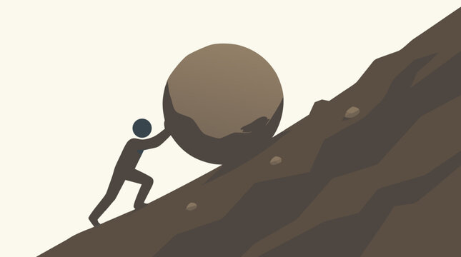A stick figure struggles to push a massive boulder up a steep, rocky slope, visually representing the heavy burden and risk factors that cause Bitcoin treasury companies to trade at a discount relative to their underlying Bitcoin holdings.