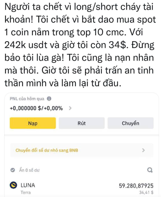 A Vietnamese social media post warning about cryptocurrency losses, mentioning $242k invested and only $34 remaining, with a Binance wallet showing a LUNA/Terra balance of 59.28 tokens ($34.41).