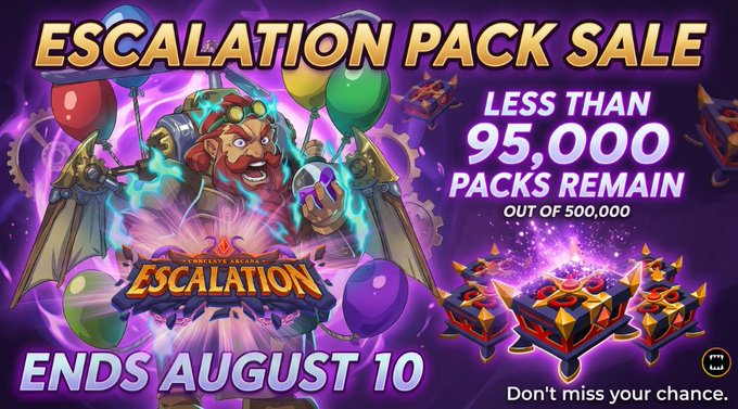 A promotional banner for 'Worlds Within Worlds ESCALATION Pack Sale' showing 'LESS THAN 95,000 PACKS REMAIN OUT OF 500,000' with 'ENDS AUGUST 10' and a steampunk-style character with balloons.