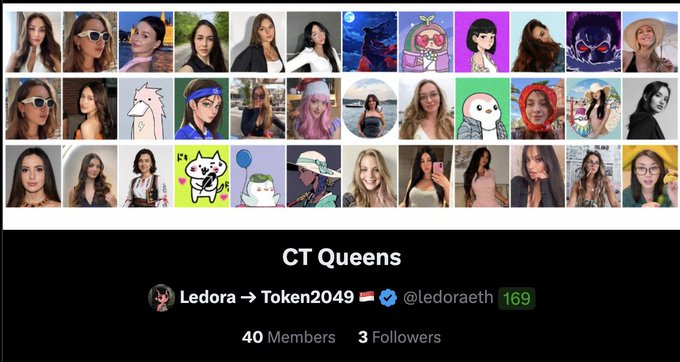 A screenshot of a community called "CT Queens" with 40 members and 3 followers, created by user Ledora (@ledoraeth, Token2049 ambassador) showcasing a grid of profile pictures featuring various women and avatars as part of her curated list of crypto Twitter queens.