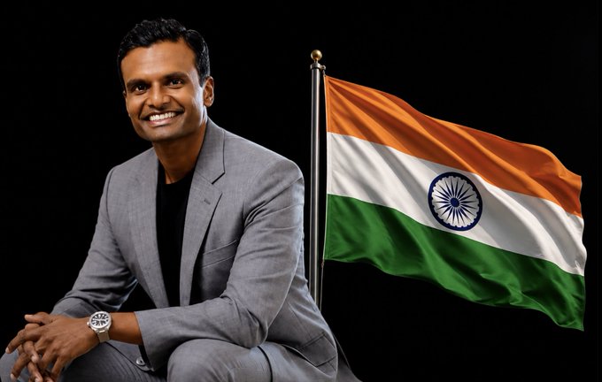 The image shows a smiling man in a gray suit seated next to a large Indian flag against a black background, visually representing Binance APAC Head SB Seker who is advocating for the adoption of rupee-backed stablecoins in India.