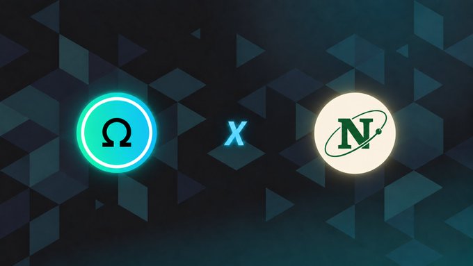 A dark blue geometric background displaying two logos separated by an 'X': a cyan circular icon with the Greek letter Omega (Ω) on the left, and a white circle with a green 'N' and planetary ring on the right.