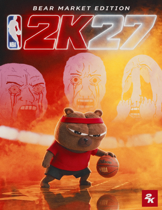 A parody NBA 2K27 "Bear Market Edition" cover featuring an angry bear in a headband dribbling a Wilson basketball against a fiery red and orange backdrop with three screaming ghostly figures, tying into the post's $BOBO meme by adopting the bullish-turned-bearish "we're so back" parody aesthetic popular in degen crypto culture.