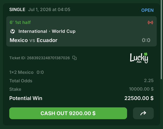 A screenshot of a sports betting slip from Lucky.fun on a Mexico vs Ecuador World Cup match, showing a $10,000 stake on Mexico to win at 2.25 odds, with a potential $22,500 payout and a current $9,200 cash-out option available, tying into the user's announcement to give away $2,500 to a follower if the bet hits.