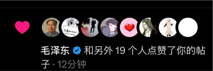 Mao Zedong and 19 other people liked your post 12 minutes ago. This implies the accompanying post is likely a social media interaction, possibly on a platform that displays likes and users who have liked content.
