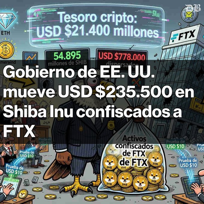Cartoon illustration depicting the US government moving $235.5 billion in confiscated Shiba Inu to FTX, with text highlighting a crypto treasury of USD $21.4 billion.