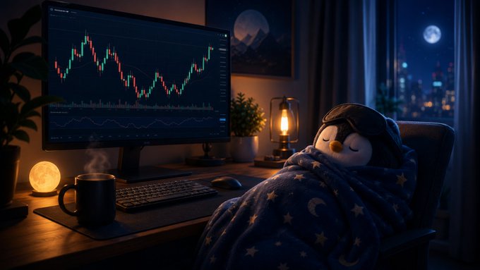 A cozy nighttime scene featuring a small penguin-like character sleeping in a star-patterned blanket next to a computer monitor displaying a red and green stock chart.