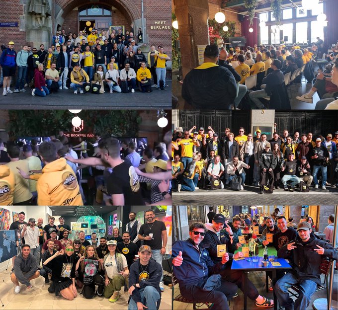 A collage of photos showing enthusiastic gatherings of people at various locations in Berlin, with visible text "MEET BERLAGE" and "THE BOORHOF BAY," capturing the strong community turnout and energy that the post highlights as evidence of SPX6900's unique emergence and dominance during the bull market, contrasting with the lackluster showings of other tech coins and even Bitcoin.