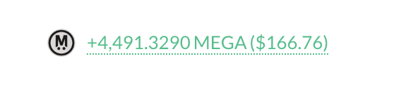 A crypto wallet transaction showing a received amount of +4,491.3290 MEGA ($166.76).
