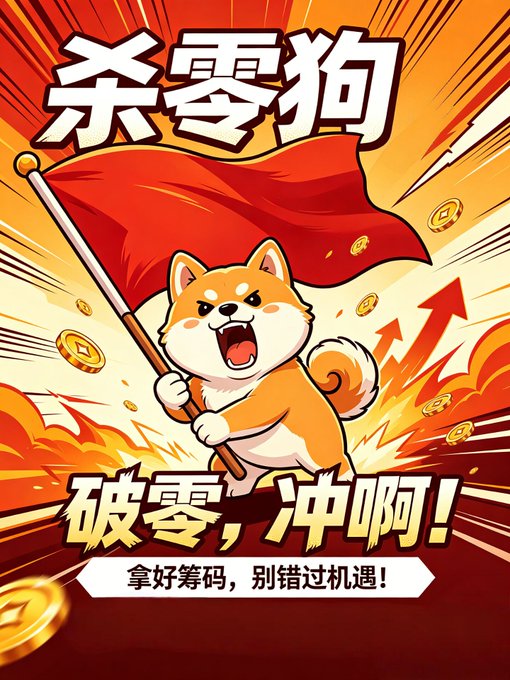 The image features a fierce cartoon Shiba Inu dog wielding a red flag, surrounded by flying gold coins and upward-pointing arrows on a fiery red and orange background. Bold Chinese text reads "杀零狗" (Kill Zero Dog) at the top and "破零，冲啊！" (Break zero, charge!) at the bottom, with a smaller caption "拿好筹码，别错过机遇！" (Hold your chips, don't miss the opportunity!). The energetic, bullish artwork ties into the post's hype for a potential 10000x Chinese meme coin gem, using the Shiba Inu mascot to evoke comparisons to the next #SHIB.