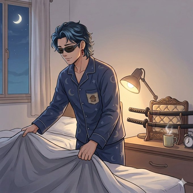 ikebana artist creates a serene night scene, featuring a young man in blue pajamas and sunglasses standing on a bed with white sheets, accompanied by a wooden dresser and a lamp.