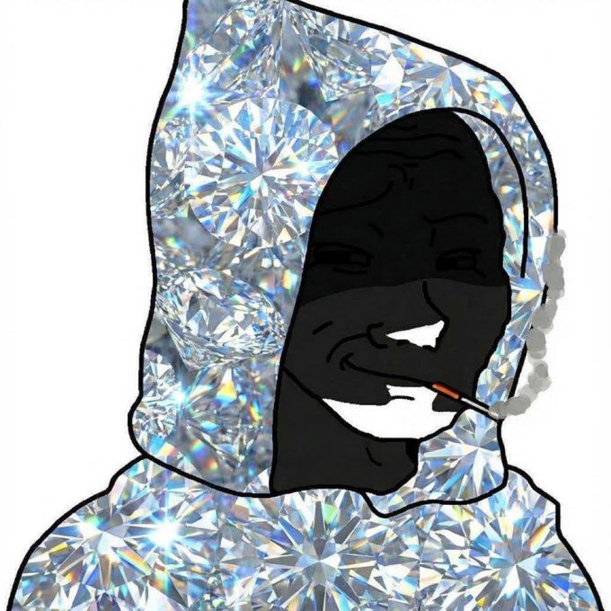The image features an illustration of a person wearing a hooded sweatshirt with diamonds all over it, holding a cigarette and smoking. The background of the image is white, which contrasts with the diamond pattern on the hoodie. There are also some diamonds visible in the top left corner of the image. The post that accompanies this image reads: "Some may think $WOJAK on ETH chopping around at local lows and not pushing through to new ATHs yet 
is bearish or a time to sell". This message seems to be related to the diamond pattern on the hoodie, as it could be interpreted as a reference to the diamonds being used in clothing.