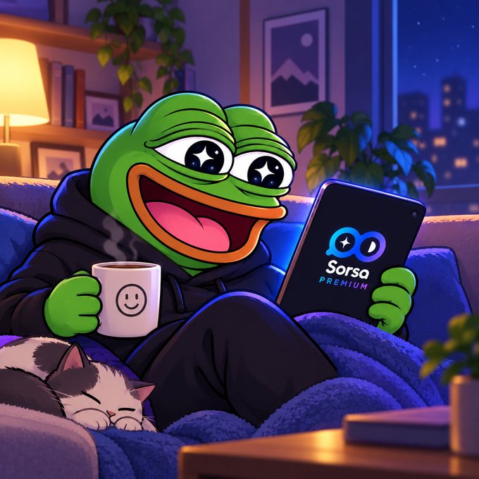 AI-generated illustration of Pepe the Frog wearing a black hoodie, holding a white mug and a tablet displaying the 'Sorso PREMIUM' logo with a smiley face, sitting on a blue couch at night with a cat sleeping beside him.